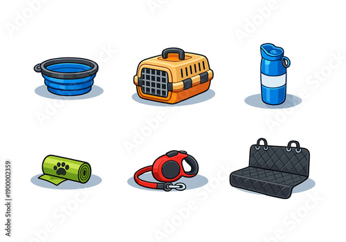 Illustration of pet accessories: bowl, carrier, water bottle, mat, leash, car seat cover