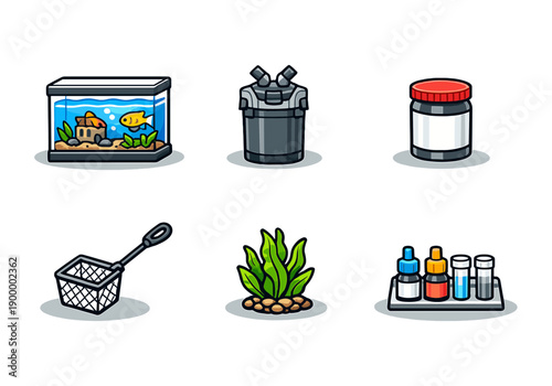 Essential aquarium supplies: tank, filter, food, net, plants, water test kit