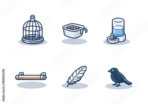 Bird care essentials: cage, feeder, drinker, perch, feather, bird icon set