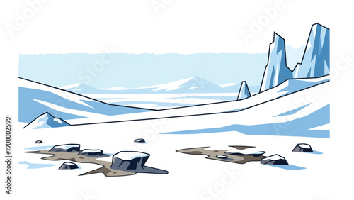 Stylized Arctic Landscape with Towering Ice Peaks and Frosty Valleys Illustration