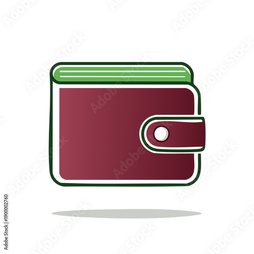 Simple cartoon illustration of a closed maroon wallet with a green top edge and a white closure button.