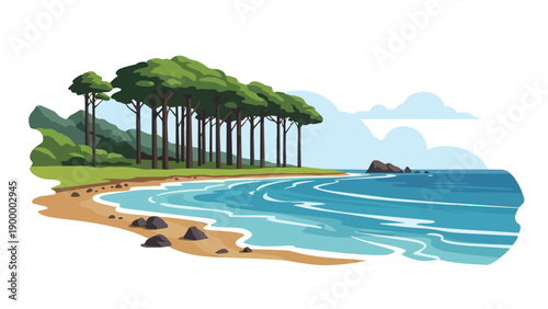 Vibrant coastal illustration with sandy beach, rolling waves, and a serene pine forest under a clear sky