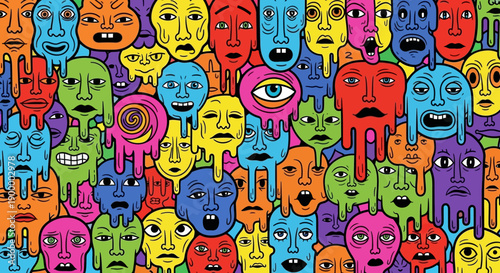 Colorful Cartoon Faces Pattern.