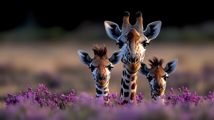 Three young giraffes standing together among purple wildflowers in natural habitat during golden hour light creating warm wildlife portrait for nature photography.