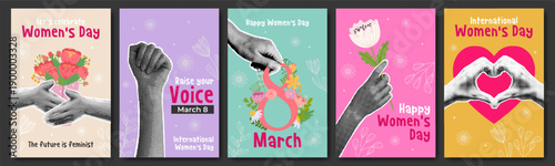 Women's day marketing social media banner with halftone hand, heart, flower, torn paper and retro floral background. Poster for feminism, female empowerment and independence. 8 march greeting card.