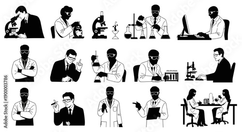 Collection of scientific researchers and laboratory workers performing experiments and analysis using microscopes and other equipment