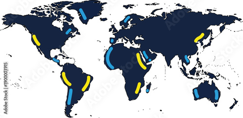 World map illustration displays highlighted regions with blue and yellow curved markers indicating global distribution data.