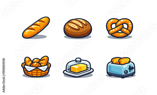 Cartoon bread and bakery icons with toaster and butter