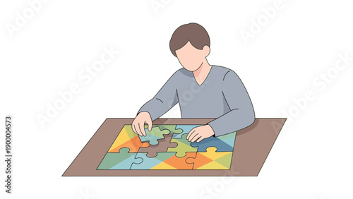 Man Assembling Jigsaw Puzzle on Table.