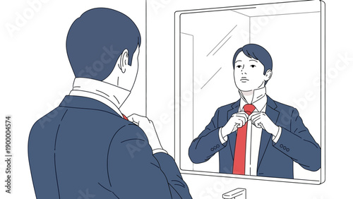 Man Adjusting Tie in Front of Mirror.