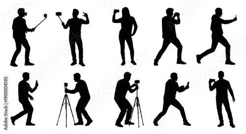 Silhouettes of people capturing moments with cameras and selfie sticks, showcasing photography and videography actions in a clean, graphic style