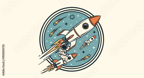Whimsical depiction of an astronaut riding a large rocket through a stylized cosmos
