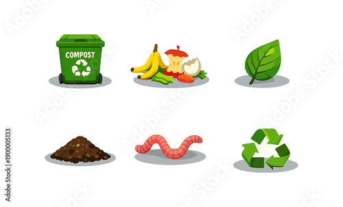 Compost process: bin, food waste, leaf, soil, worm, recycle symbol