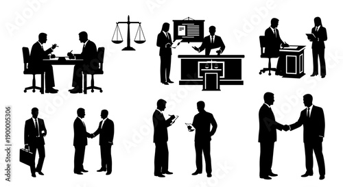 A comprehensive concept illustration set depicting various professional and legal interactions, including business negotiations, client consultations, and partnership agreements