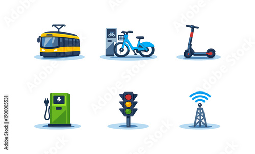 Urban transportation icons: tram, bike, scooter, charging station, traffic light, wireless tower