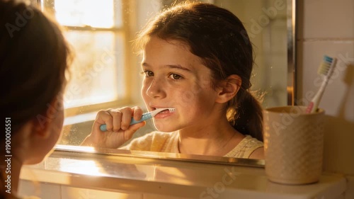 Child Brushing Teeth in Front of Mirror