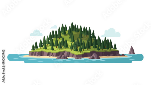 Lush evergreen island landscape in tranquil waters with gentle clouds overhead vector art