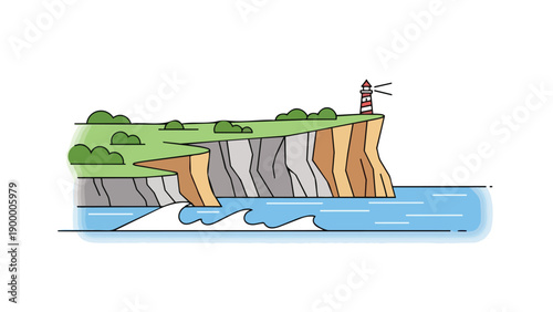 A brightly colored coastal cliffside with a guiding lighthouse overlooking dynamic ocean waves.