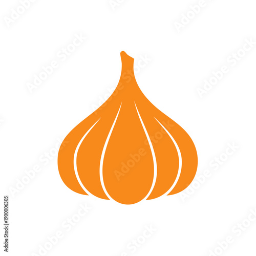 Vibrant orange garlic icon with stylized segments and stem on white background