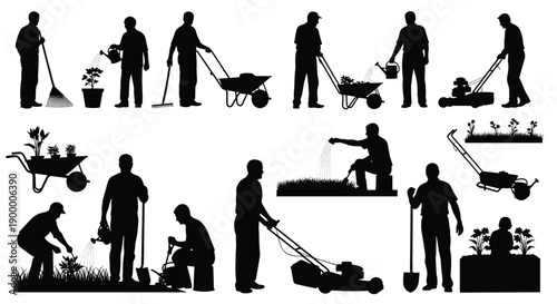 gardening, people, silhouette, workers, garden, illustration, landscaping, outdoor, maintenance, planting, lawn, equipment, nature, activity, professional, service, yard, ecology, graphic, collection