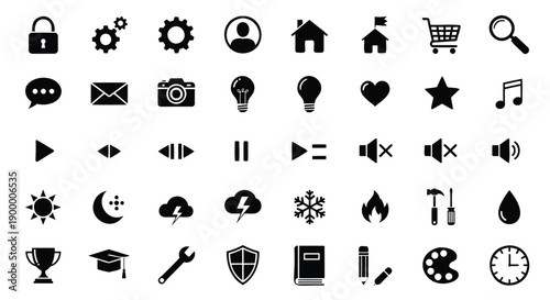 Multimedia and Interface Icons: Play Button, Volume, Camera, Music, and Settings for Digital Media and UI Design
