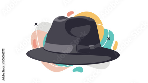 Stylish black fedora hat with a grey ribbon band presented against a colorful abstract background for modern fashion design and apparel.
