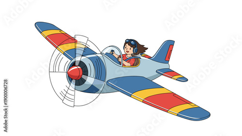 Young girl pilot flying a colorful propeller airplane in the bright blue sky wearing goggles and headphones for a fun and creative adventure.