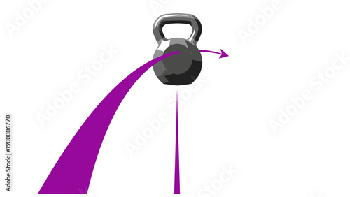 Stylized Kettlebell Swing Motion Diagram with Purple Force Vectors. Weightlifting, fitness, and workout physics illustration isolated on white.