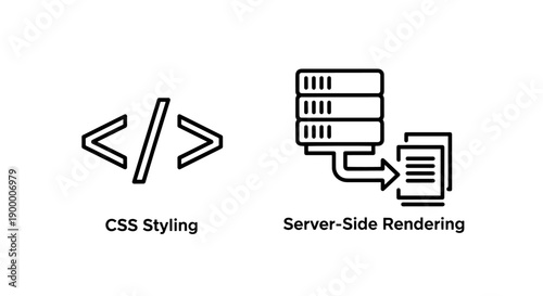 Web development icons: angle brackets for CSS styling and server with data flow to document for server-side rendering