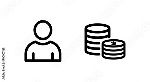 Person icon and coins stack, representing finance, savings, investment, and personal wealth accumulation.