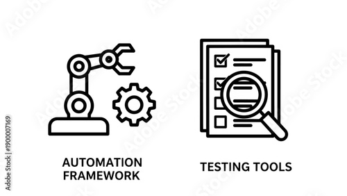 Automation framework and testing tools icons, representing software engineering, process optimization, and quality assurance.