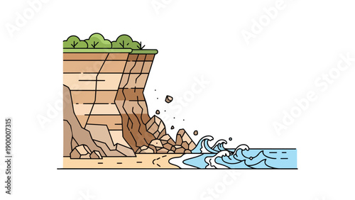 Depiction of dynamic coastal erosion showcasing geological stratification and the powerful interaction between sea waves and a crumbling cliff face