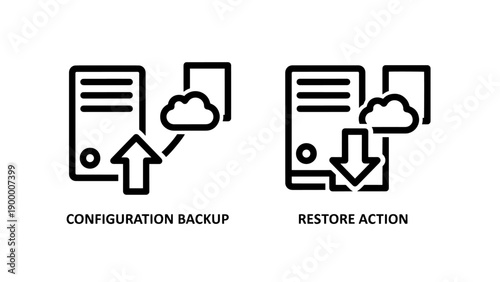 Configuration backup and restore action icons: server with cloud upload for backup, server with cloud download for restore, data protection, system recovery, cloud storage, IT, technology, reset, save