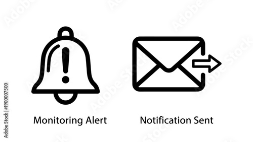 Monitoring alert and notification sent icons: bell with exclamation mark for alert, envelope with outgoing arrow for notification, system alert, communication, message, warning, system status, informa