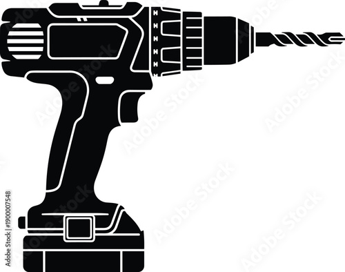 Black Silhouette Vector Illustration of a Professional Cordless Electric Power Drill Machine with Bit for Construction Home Repair and Industrial Tool Designs,