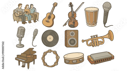 A colorful illustration of various musical instruments and equipment for a lively performance