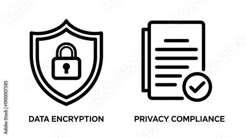 Data Encryption and Privacy Compliance Icons: Shield with Lock and Document with Checkmark