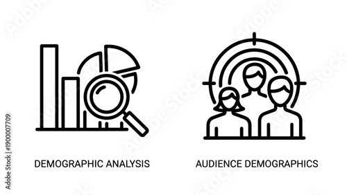 Icons for Audience Demographics and Demographic Analysis: magnifying glass over charts and target with people silhouette, market research