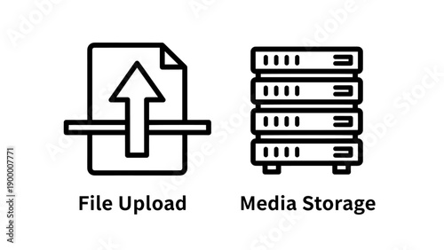 Icons representing File Upload and Media Storage, showing document upload and server rack, digital content management