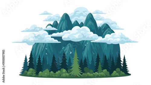 A stunning vectorized depiction of a pristine mountain range veiled in a canopy of soft, ethereal clouds, surrounded by a dense, verdant pine forest
