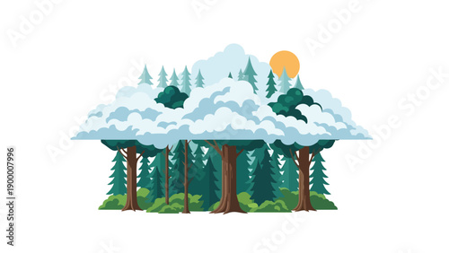 A vibrant flat design illustration portraying a lush, diverse forest with towering evergreen trees and broadleaf flora, nestled beneath soft,