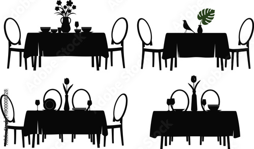 Dining Table and Chairs Silhouette Collection, Restaurant Furniture with Tableware and Floral Decor, Elegant Indoor Dining Scenes Vector Illustration for Hospitality Branding