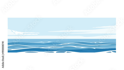 Pixelated serene ocean expanse with gentle blue waves and subtle white foam, extending to a calm horizon under a clear light blue sky, a minimalist