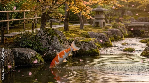 Koi Fish Leaping Through Tranquil Garden Pond