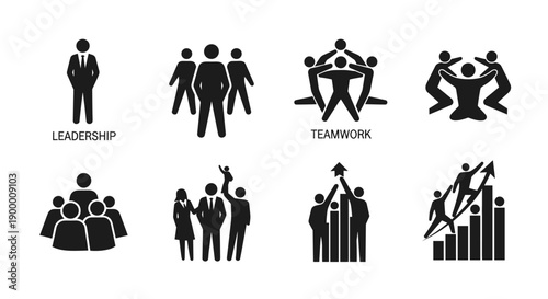 Visual vector concepts illustrating essential business principles effective leadership, collaborative teamwork, professional development, and strategic organizational success