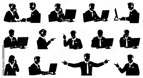 Collection of silhouette icons representing customer service, technical support, and call center agents using headsets and computers for remote communication and assistance in business settings