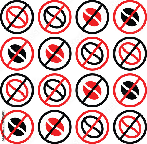 A pattern of red and black 'no coffee' or 'decaf' symbols arranged in a grid on a white background.