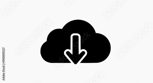 Black cloud icon with white download arrow on gray background symbolizing data storage and transfer