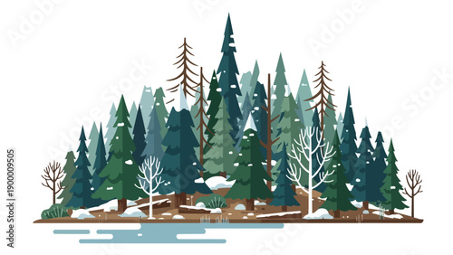 Detailed stylized winter forest illustration with diverse snow-dusted evergreen and bare trees along a calm frozen pond, depicting serene natural
