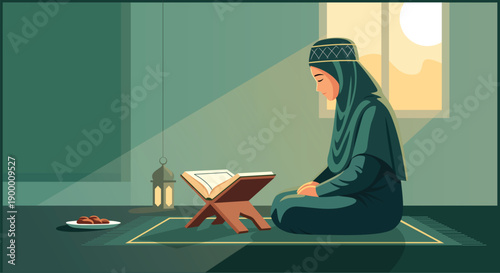 Elegant Flat Illustration of Woman Praying During Ramadan Kareem Celebration